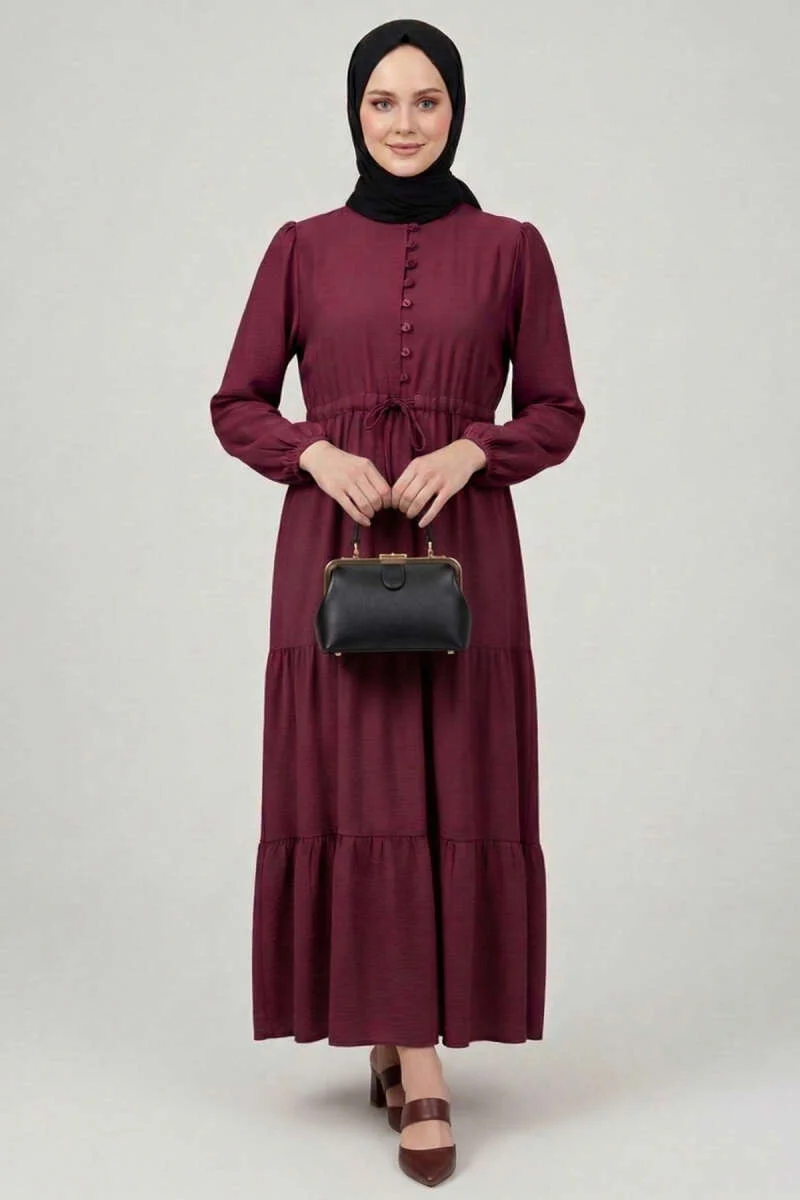 Brit Buttoned Tiered Dress Burgundy - الصورة 2
