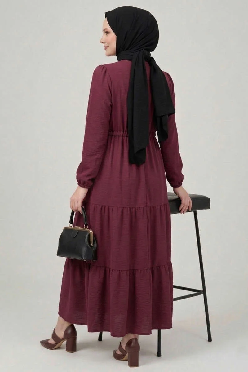 Brit Buttoned Tiered Dress Burgundy - الصورة 3