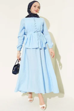Brit Buttoned Pleated Skirt Set Blue
