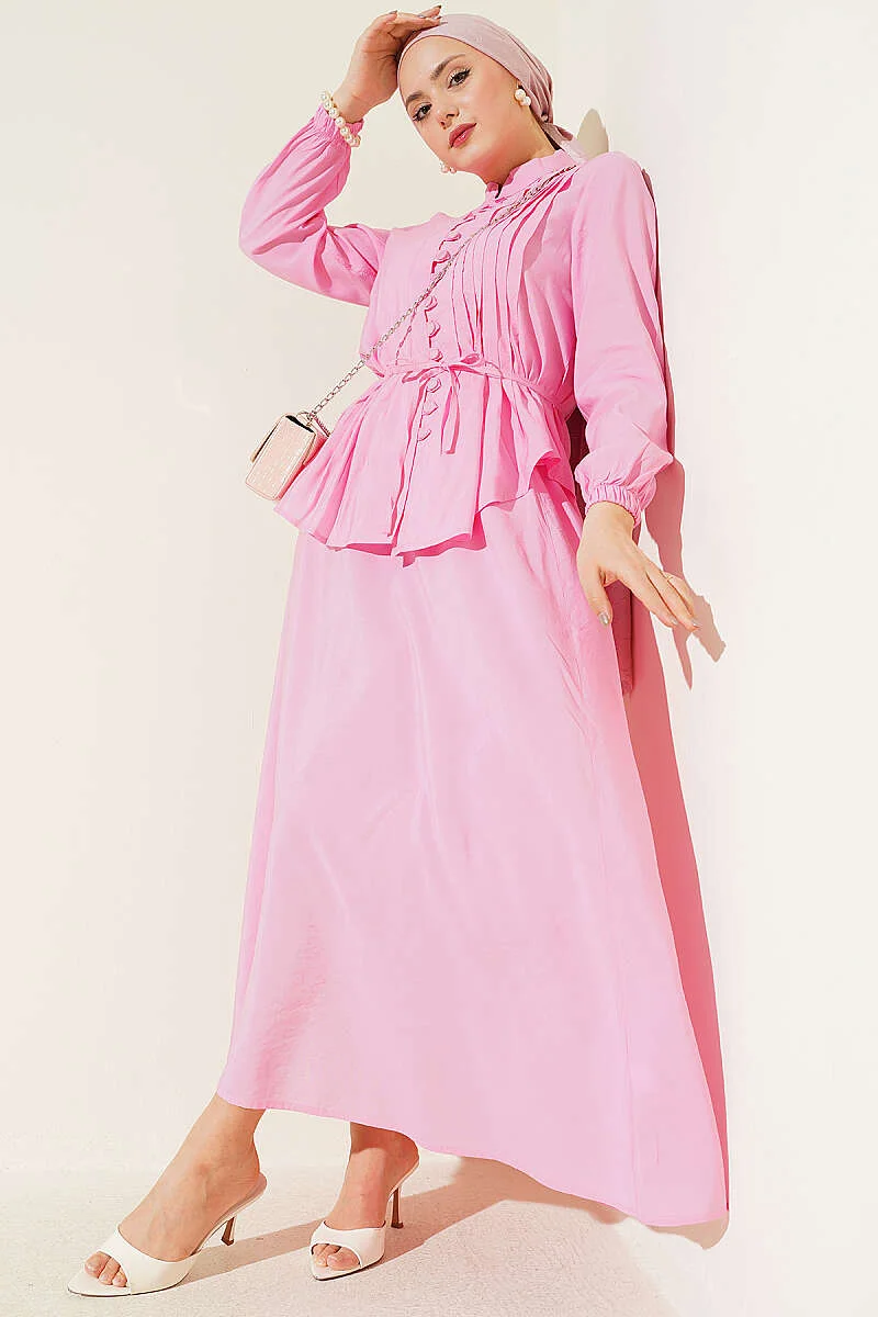 Brit Buttoned Pleated Skirt Set Pink groothandel clothing set view 2 - Hicabistan Turkije fabriek