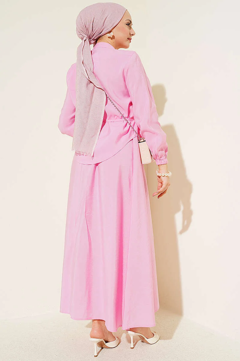 Brit Buttoned Pleated Skirt Set Pink groothandel clothing set view 3 - Hicabistan Turkije fabriek