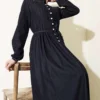 Brit Buttoned Pleated Denim Dress Navy Blue Großhandel dress view 2 - Hicabistan Türkei Fabrik