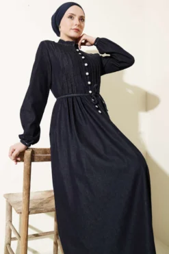 Brit Buttoned Pleated Denim Dress Navy Blue بالجملة dress view 2 - Hicabistan مصنع تركيا