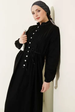 Brit Buttoned Pleated Denim Dress Black بالجملة dress view 2 - Hicabistan مصنع تركيا