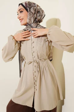 Brit Buttoned Pleated Tunic Beige