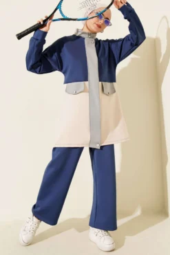 Pocket Detail Scuba Two-Piece Set Navy Blue