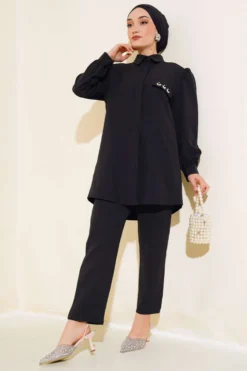 Pocket Cover Stone Detailed Two-Piece Set Black