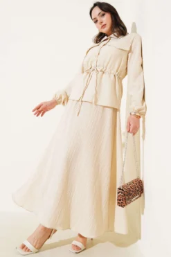 Pocket Flap Waist Tunic Skirt Set Beige