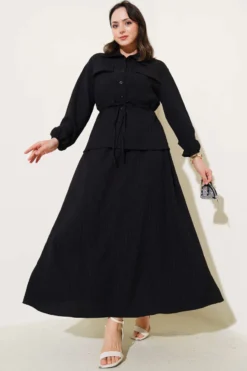 Pocket Flap Waist Tunic Skirt Set Black