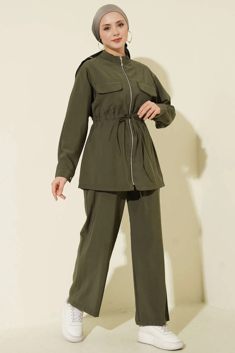 Pocketed Belted Tunic Modal Two-Piece Set Khaki all'ingrosso clothing set - Hicabistan fabbrica Turchia