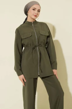 Alternative view of Pocketed Belted Tunic Modal Two-Piece Set Khaki