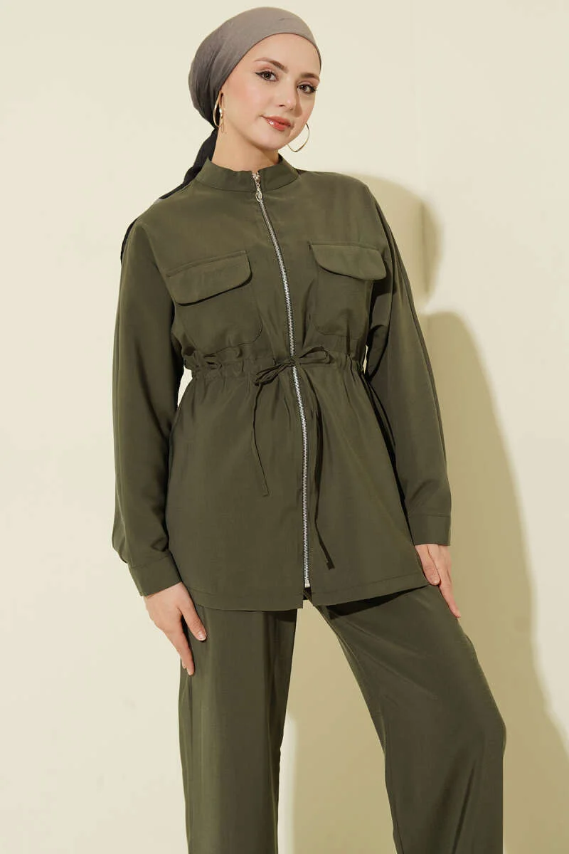 Pocketed Belted Tunic Modal Two-Piece Set Khaki all'ingrosso clothing set view 2 - Hicabistan fabbrica Turchia
