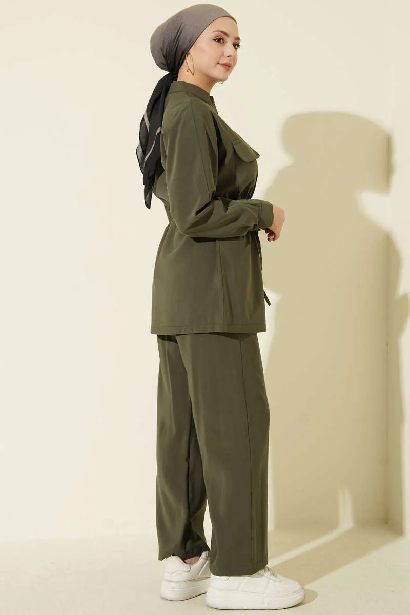 Pocketed Belted Tunic Modal Two-Piece Set Khaki all'ingrosso clothing set view 3 - Hicabistan fabbrica Turchia