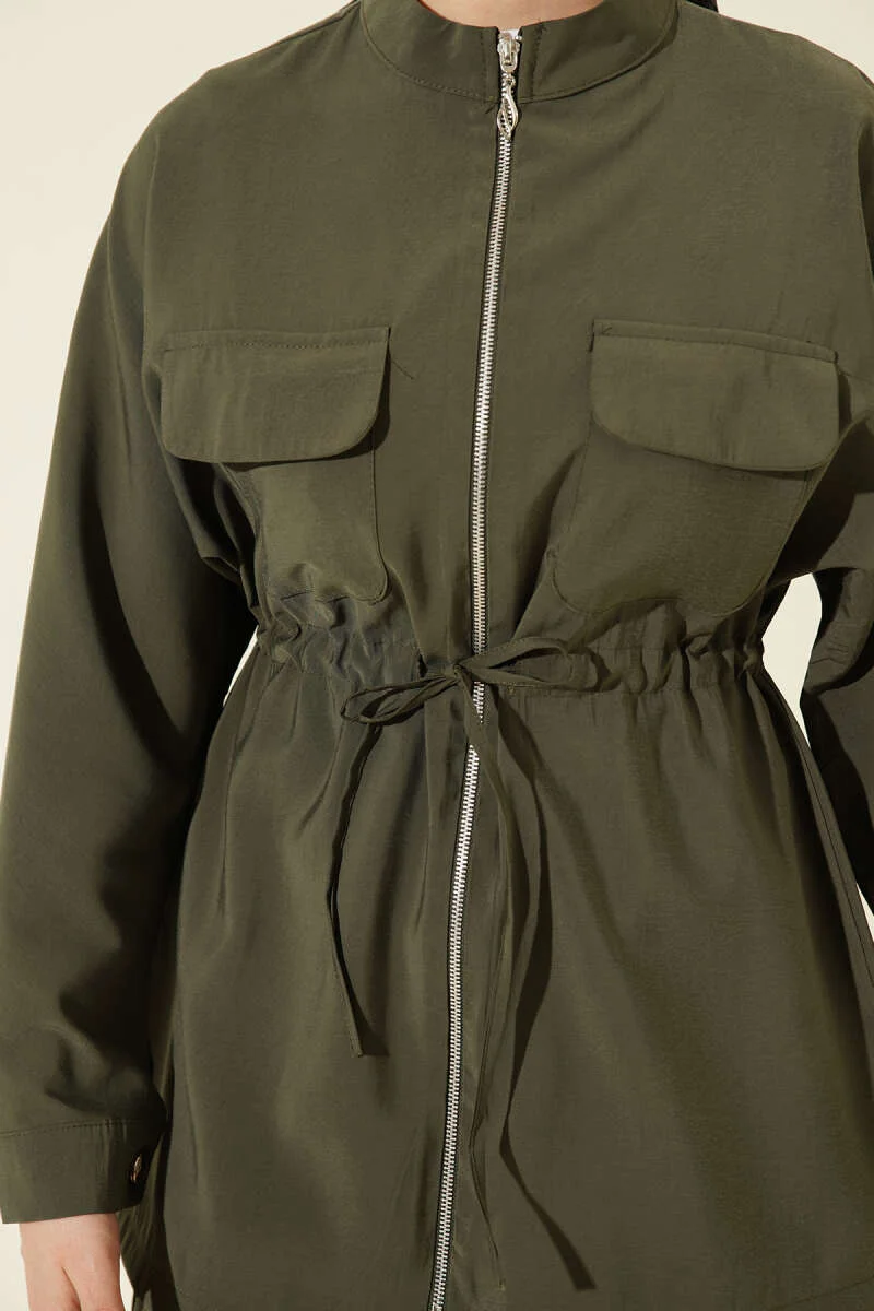 Pocketed Belted Tunic Modal Two-Piece Set Khaki all'ingrosso clothing set view 4 - Hicabistan fabbrica Turchia