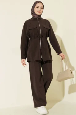 Alternative view of Pocketed Belted Tunic Modal Two-Piece Set Brown