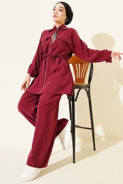 Pocket Flap Waist Tunic Set Burgundy