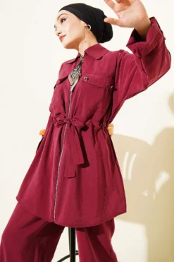 Alternative view of Pocket Flap Waist Tunic Set Burgundy