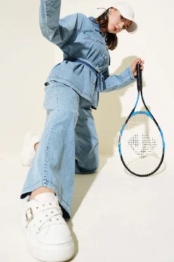 Pocket-Buttoned Belted Denim Two-Piece Set