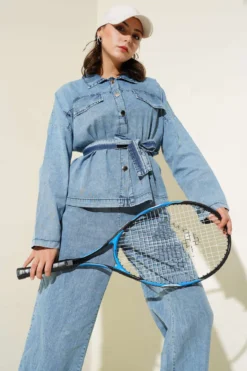 Alternative view of Pocket-Buttoned Belted Denim Two-Piece Set