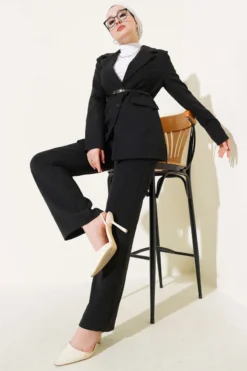 Pocket Flap Belted Jacket Set Black