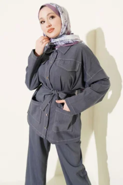 Alternative view of Pocket-Front Belted Two-Piece Set Blue