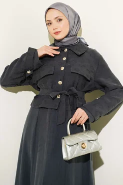 Pocket-Front Belted Tencel Dress Set Anthracite all'ingrosso clothing set view 2 - Hicabistan fabbrica Turchia