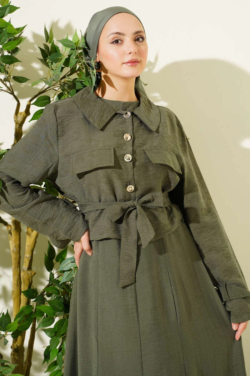 Pocket-Front Belted Tencel Dress Set Khaki wholesale clothing set - Hicabistan Turkey factory