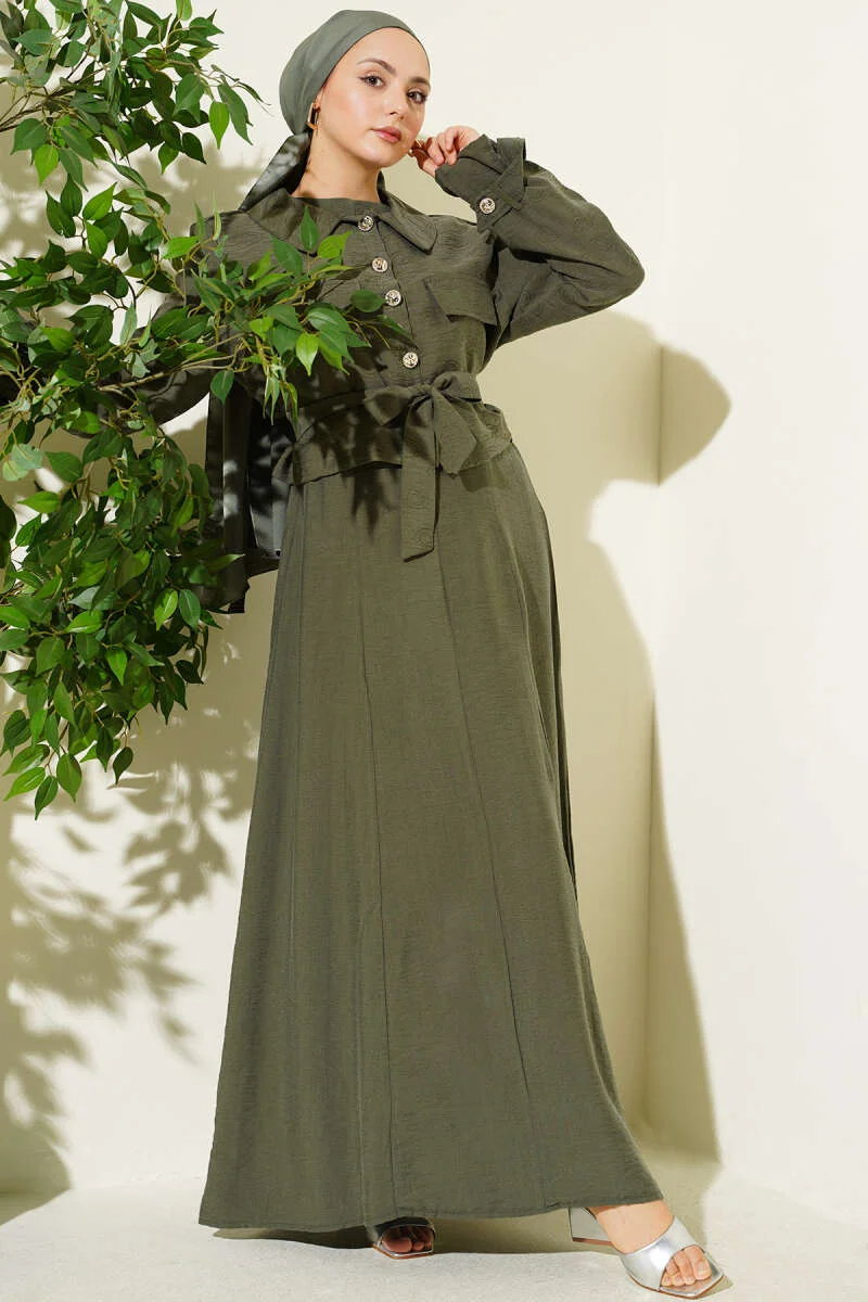 Pocket-Front Belted Tencel Dress Set Khaki wholesale clothing set view 2 - Hicabistan Turkey factory