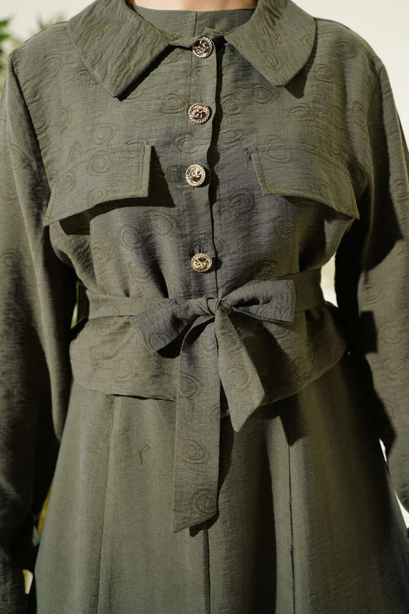 Pocket-Front Belted Tencel Dress Set Khaki wholesale clothing set view 4 - Hicabistan Turkey factory
