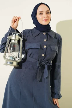 Pocket-Front Belted Tencel Dress Set Indigo all'ingrosso clothing set view 2 - Hicabistan fabbrica Turchia