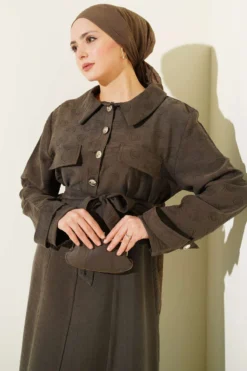 Pocket-Front Belted Tencel Dress Set Mink all'ingrosso clothing set view 2 - Hicabistan fabbrica Turchia