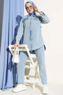 Stone Button Denim Two-Piece Set Blue all'ingrosso clothing set - Hicabistan fabbrica Turchia