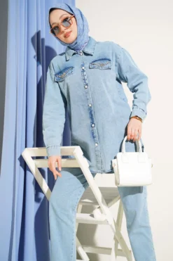 Stone Button Denim Two-Piece Set Blue all'ingrosso clothing set view 2 - Hicabistan fabbrica Turchia