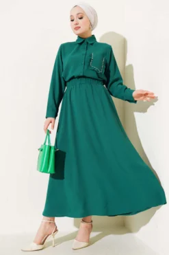 Pocket Stone Ruffled Skirt Two-Piece Set Green wholesale clothing set - Hicabistan Turkey factory