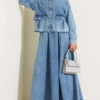 Pocket Buttoned Skirt Denim Set Blue