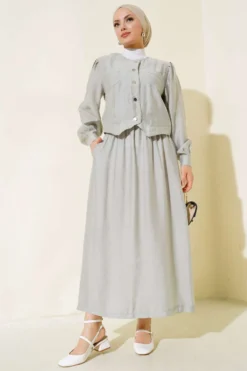Pocketed Metal Button Skirt Set Grey