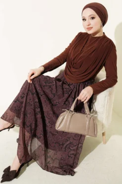 Draped Collar Patterned Two-Piece Set Brown