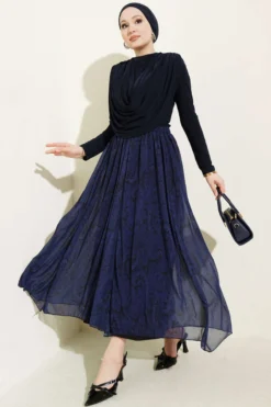Draped Collar Patterned Two-Piece Set Navy Blue