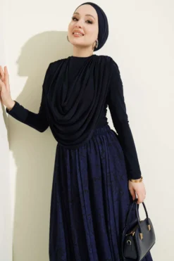 Alternative view of Draped Collar Patterned Two-Piece Set Navy Blue