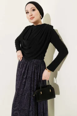 Alternative view of Draped Collar Patterned Two-Piece Set Black