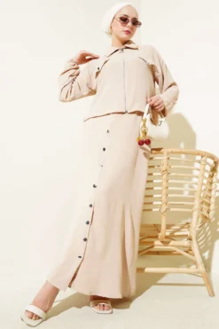 Button Detail Zipped Ayrobin Dress Set Beige بالجملة clothing set - Hicabistan مصنع تركيا