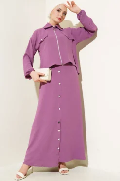 Button Detail Zipped Ayrobin Dress Set بالجملة clothing set - Hicabistan مصنع تركيا