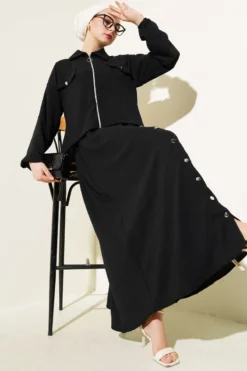Button Detail Zipped Ayrobin Dress Set Black بالجملة clothing set - Hicabistan مصنع تركيا