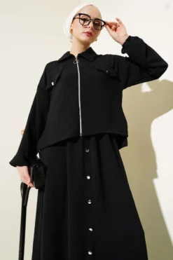 Button Detail Zipped Ayrobin Dress Set Black بالجملة clothing set view 2 - Hicabistan مصنع تركيا