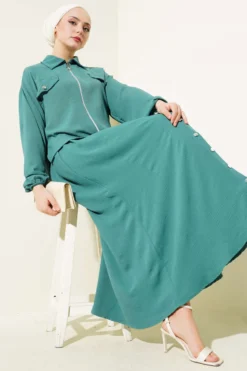 Button Detail Zipped Ayrobin Dress Set Green groothandel clothing set - Hicabistan Turkije fabriek