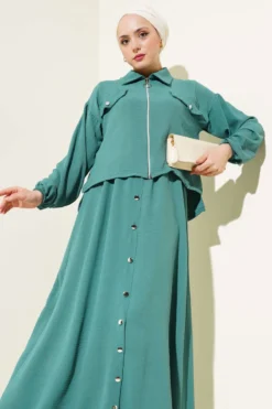 Button Detail Zipped Ayrobin Dress Set Green groothandel clothing set view 2 - Hicabistan Turkije fabriek