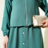 Button Detail Zipped Ayrobin Dress Set Green all'ingrosso clothing set view 4 - Hicabistan fabbrica Turchia