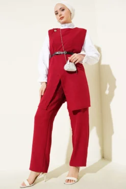 Button Detail Belted Three-Piece Set Burgundy en gros clothing set - Hicabistan usine Turquie
