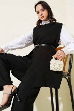 Button Detail Belted Three-Piece Set Black en gros clothing set view 2 - Hicabistan usine Turquie