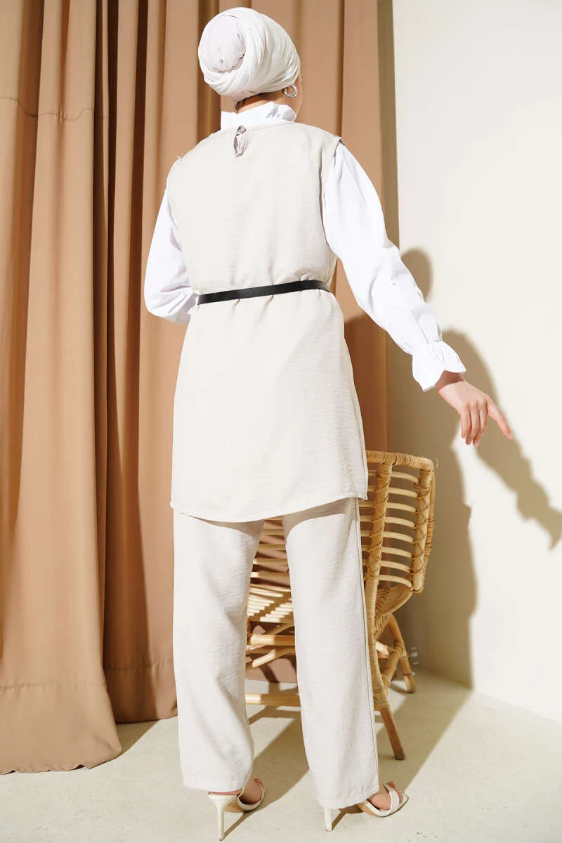 Button Detail Belted Three-Piece Set Stone en gros clothing set view 3 - Hicabistan usine Turquie